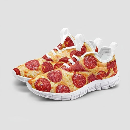 Freaky Shoes® custom high-top canvas sneakers featuring a vibrant pepperoni pizza print and white lace-up closure.