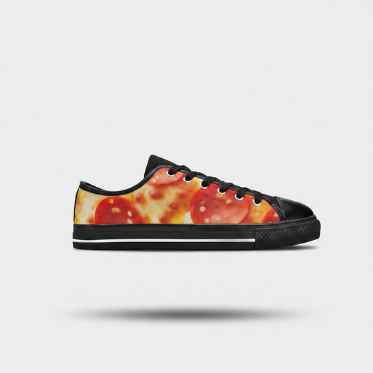 Freaky Shoes® men's low-top canvas sneakers featuring a vibrant pepperoni pizza cheese print and black trim.