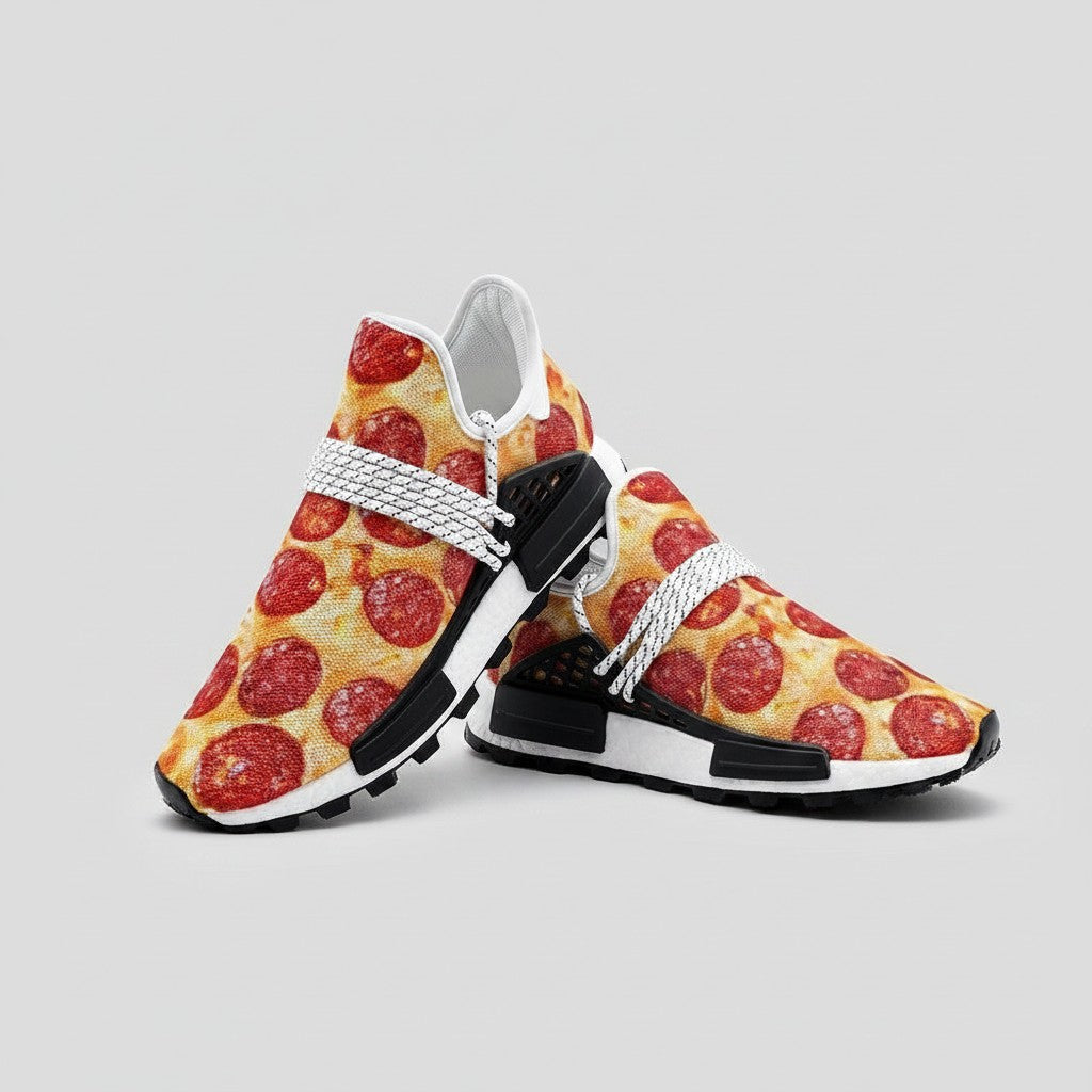 Freaky Shoes® pepperoni pizza print high-top canvas sneakers with white laces and black EVA soles.