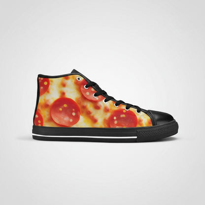 Freaky Shoes® men's high-top canvas sneakers featuring a vibrant pepperoni pizza cheese print and black trim.