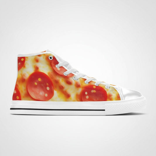 Freaky Shoes® women's high-top canvas sneakers featuring a vibrant pepperoni pizza cheese print and white soles.