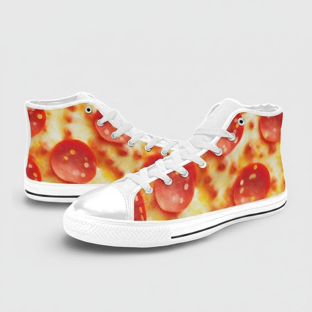Freaky Shoes® men's high-top canvas sneakers featuring a vibrant pepperoni pizza cheese print on a white background.