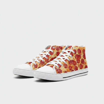 Freaky Shoes® high-top canvas sneakers featuring a vibrant pepperoni pizza print with white laces and rubber soles