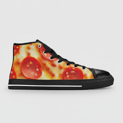 Freaky Shoes® women's high-top canvas sneakers featuring a vibrant pepperoni pizza cheese closeup print.