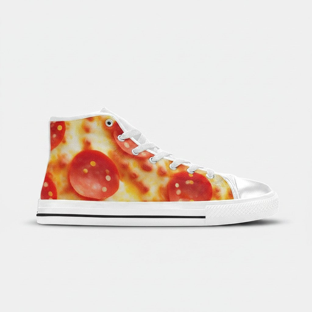 Freaky Shoes® men's high-top canvas sneakers featuring a vibrant pepperoni pizza print with white laces and sole.