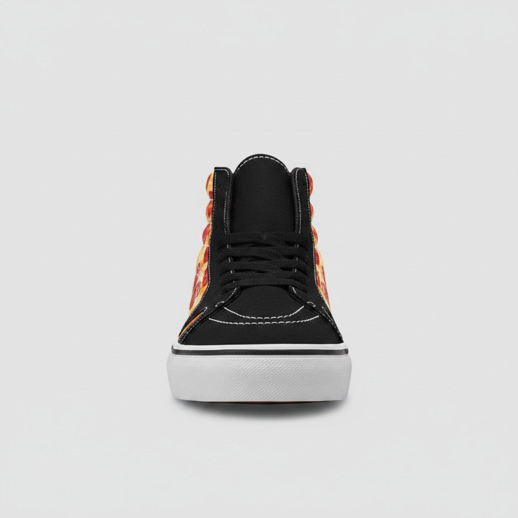 Freaky Shoes® men's high-top canvas skateboarding sneakers featuring a vibrant pepperoni pizza print on the sides.