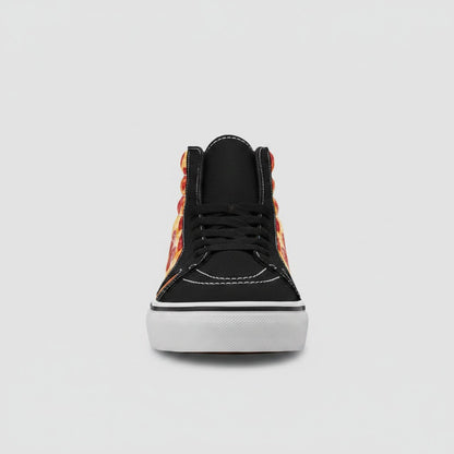 Freaky Shoes® men's high-top canvas skateboarding sneakers featuring a vibrant pepperoni pizza print on the sides.