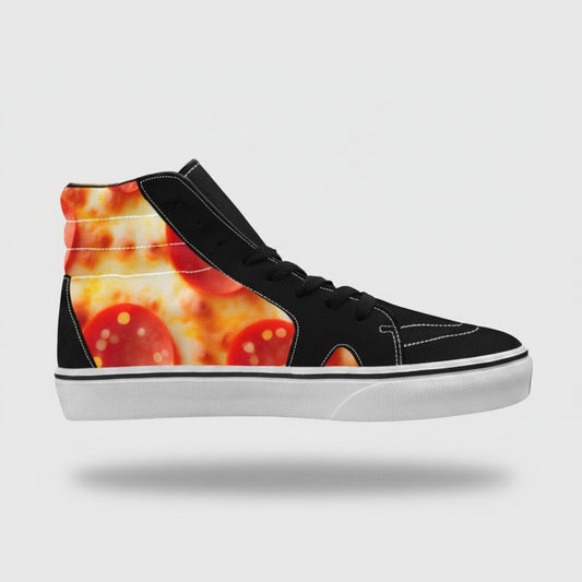 Freaky Shoes® men's high-top canvas skateboarding sneakers featuring a vivid pepperoni pizza cheese print side panel.