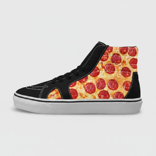 Freaky Shoes® men's high-top canvas skateboarding shoes featuring a vibrant pepperoni pizza print on black fabric