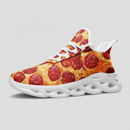 Freaky Shoes® high-top canvas sneakers featuring a vibrant, full-wrap pepperoni pizza print and white EVA sole.
