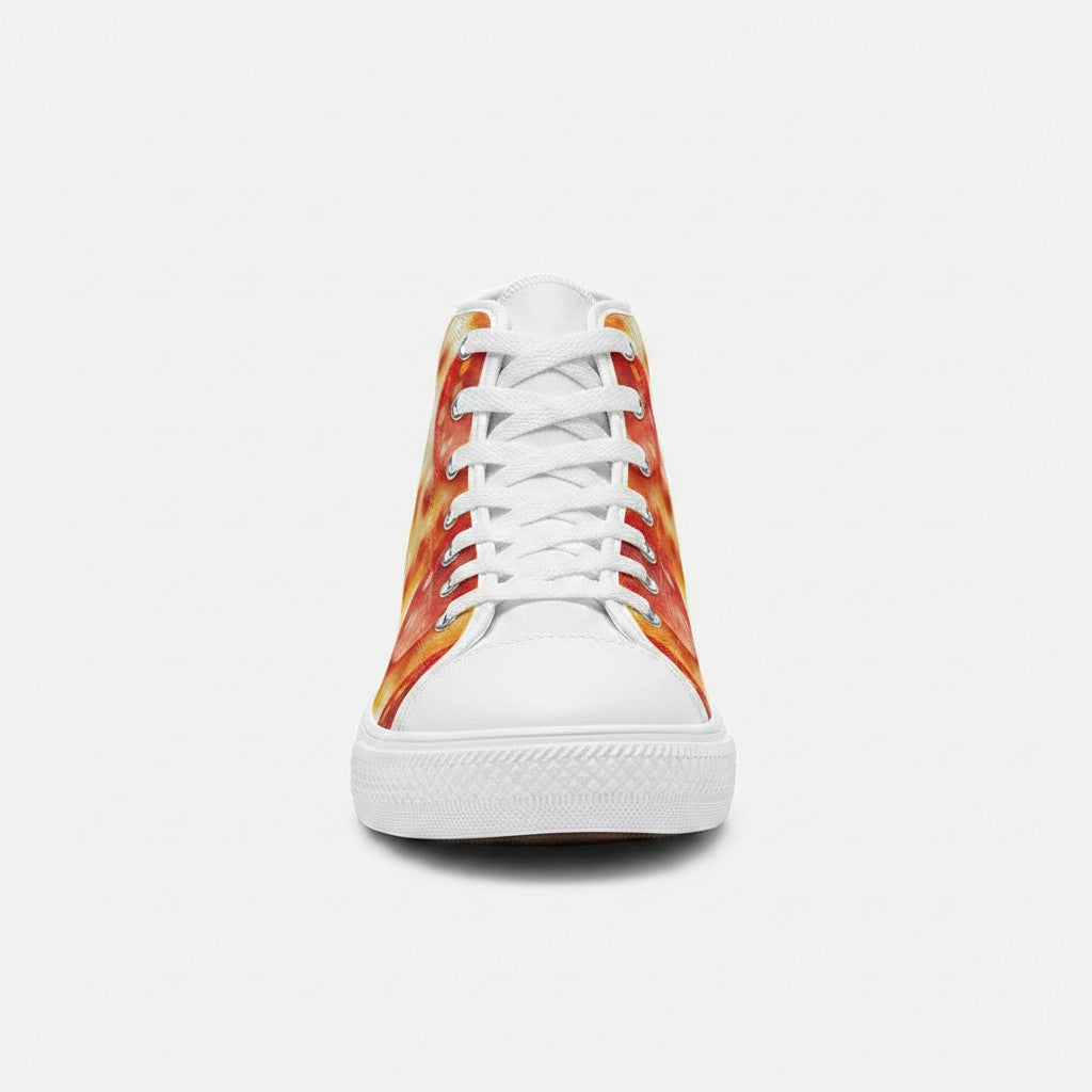 Freaky Shoes® men's high-top canvas sneakers featuring a vibrant pepperoni pizza cheese print and white laces.