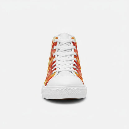 Freaky Shoes® men's high-top canvas sneakers featuring a vibrant pepperoni pizza cheese print and white laces.