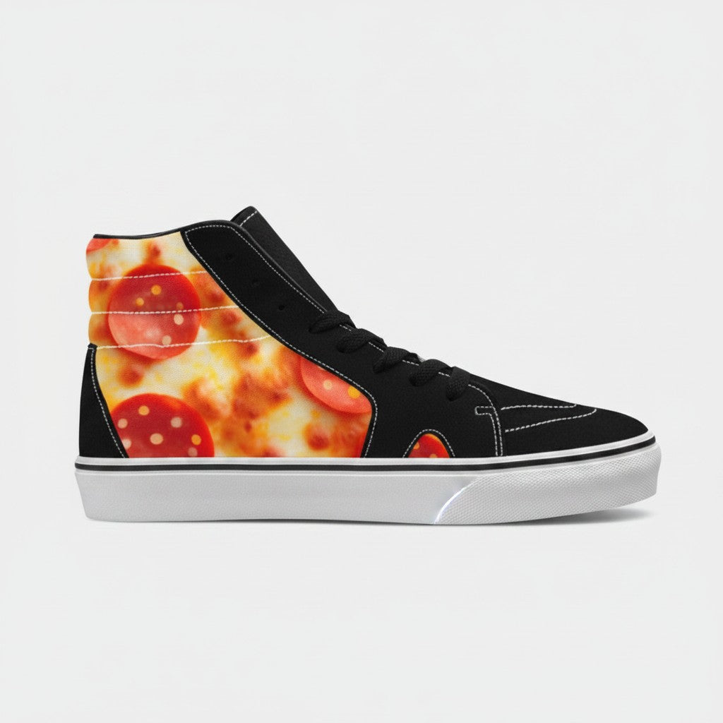 Freaky Shoes® women's high-top canvas skateboarding sneakers featuring a pepperoni pizza cheese print side panel
