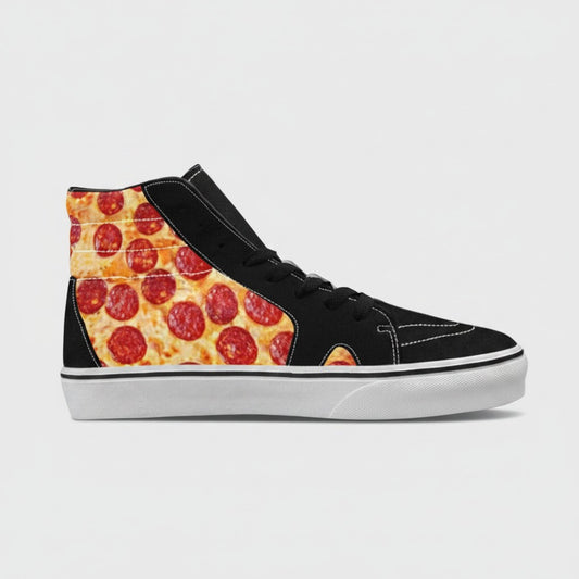 Freaky Shoes® women's high-top canvas skateboarding sneakers featuring a vibrant pepperoni pizza print on black