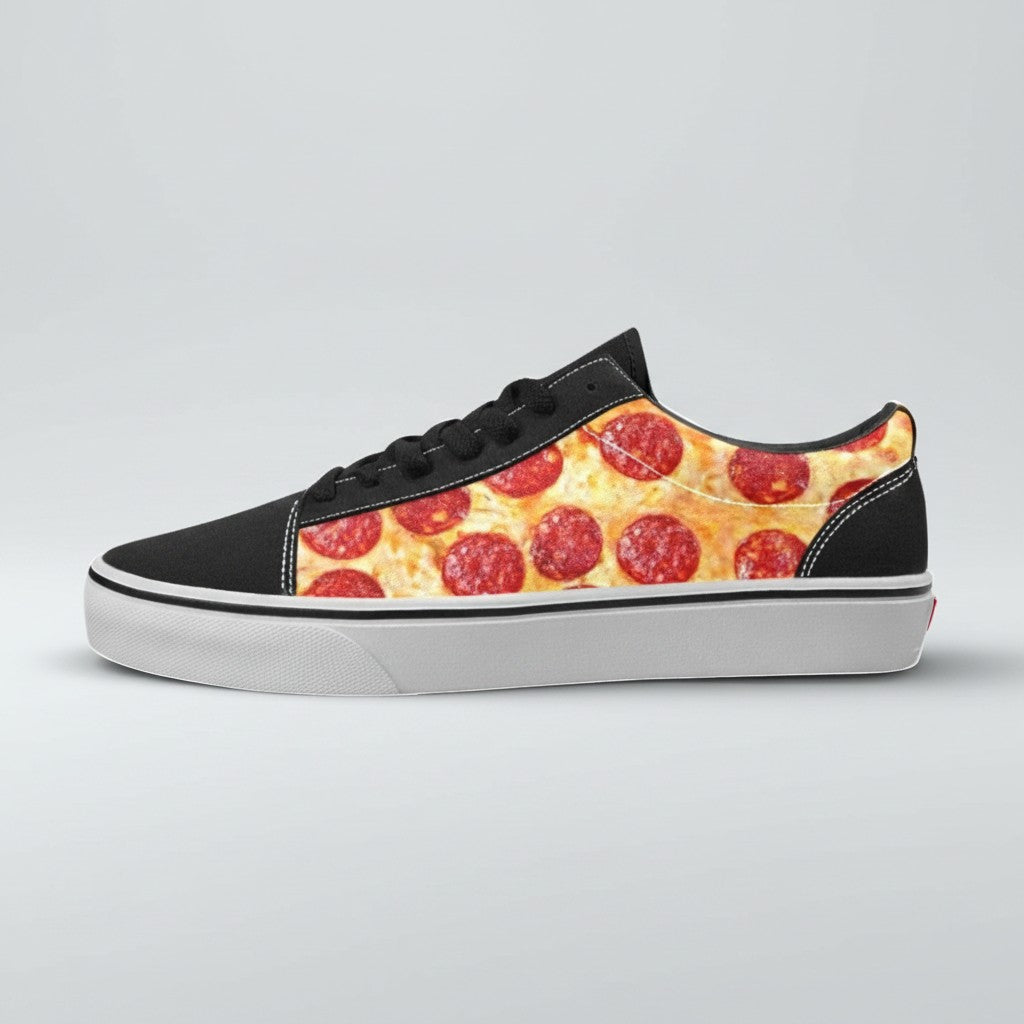 Freaky Shoes® men's low-top canvas skateboarding sneakers featuring a vibrant pepperoni pizza print on black fabric