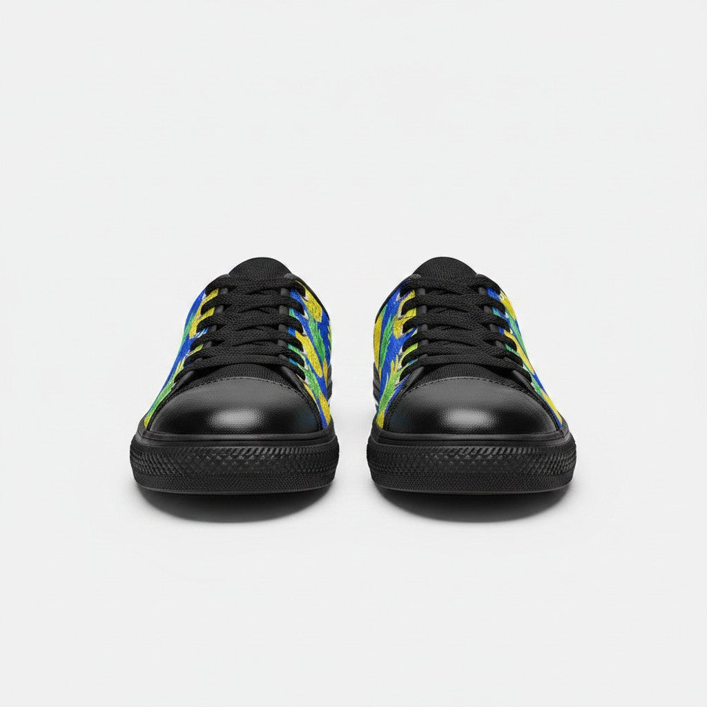 Freaky Shoes® men's canvas high-top sneakers featuring a vibrant yellow and blue pineapple pattern on a black base.