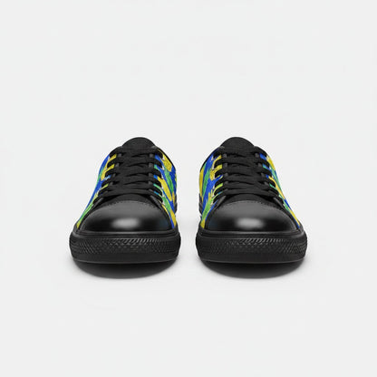Freaky Shoes® men's canvas high-top sneakers featuring a vibrant yellow and blue pineapple pattern on a black base.