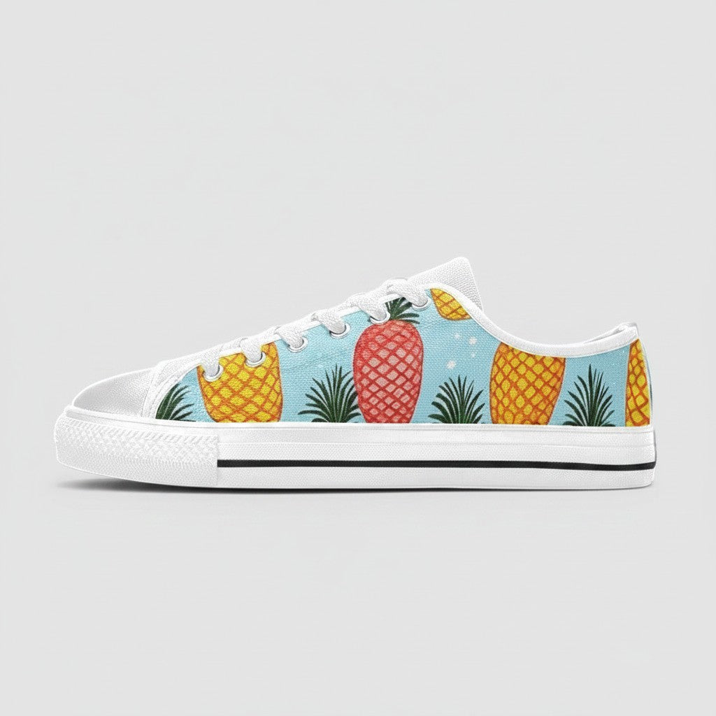 Freaky Shoes® women's low-top canvas sneakers featuring a light blue background with a vibrant pineapple print.