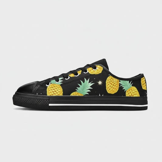 Freaky Shoes® men's black canvas low-top sneakers featuring a vibrant yellow pineapple print pattern