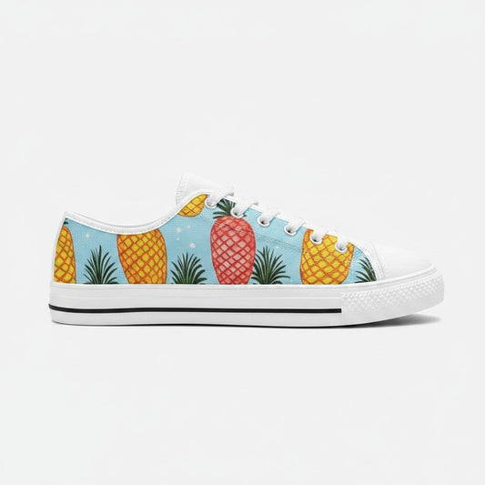 Freaky Shoes® men's low-top canvas sneakers featuring a light blue background with a vibrant pineapple print pattern.