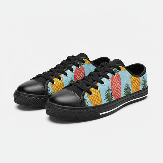 Freaky Shoes® men's low-top canvas sneakers featuring a vibrant pineapple print on a light blue background with black trim