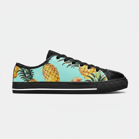 Freaky Shoes® women's low-top canvas sneakers featuring a vibrant pineapple print on a light blue background