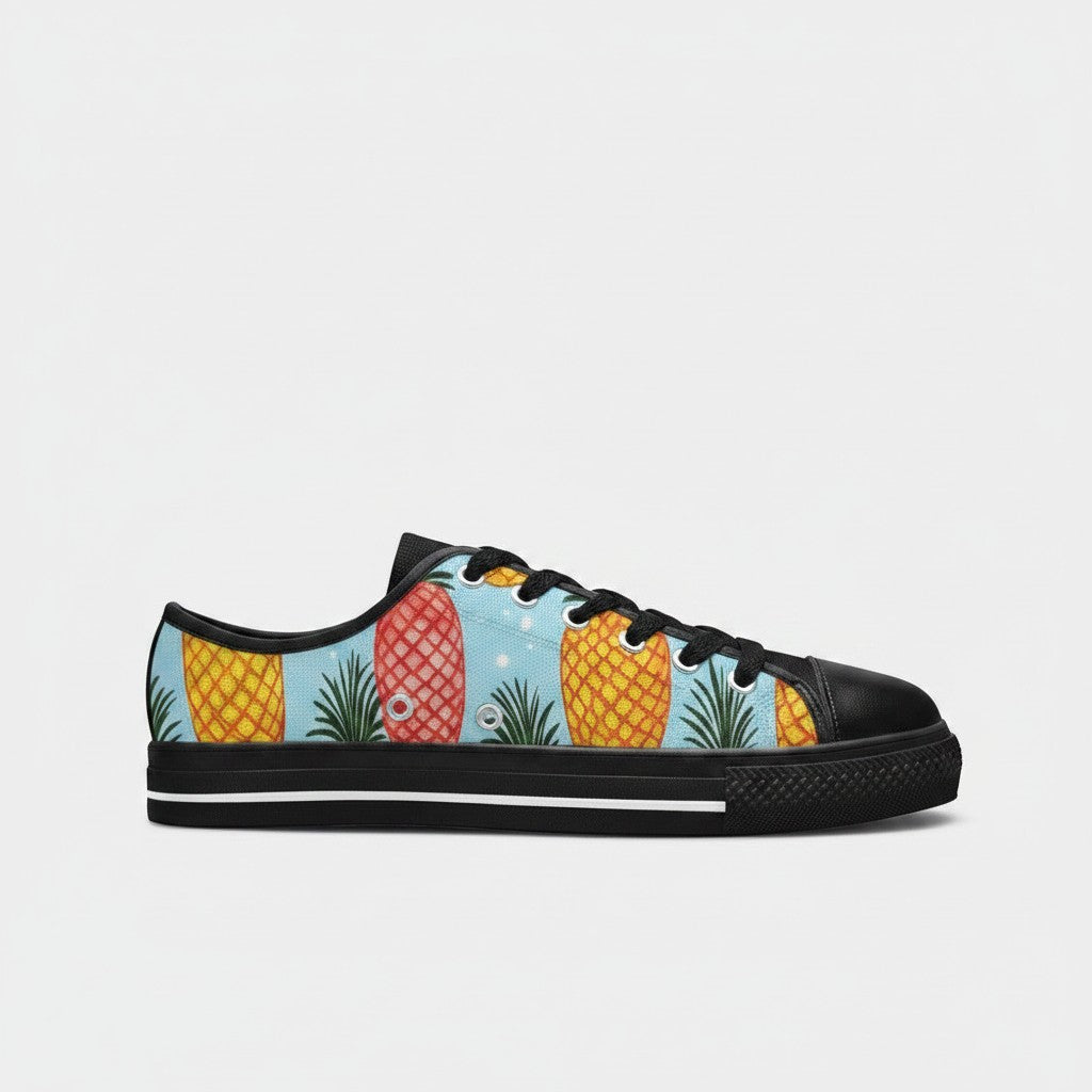 Freaky Shoes® women's low-top canvas sneakers featuring a vibrant blue background with colorful pineapple patterns.