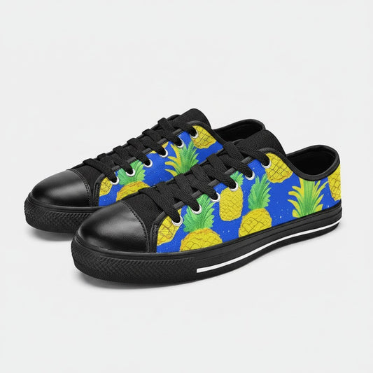 Freaky Shoes® men's canvas sneakers featuring a vibrant blue background with a yellow pineapple pattern and black trim.