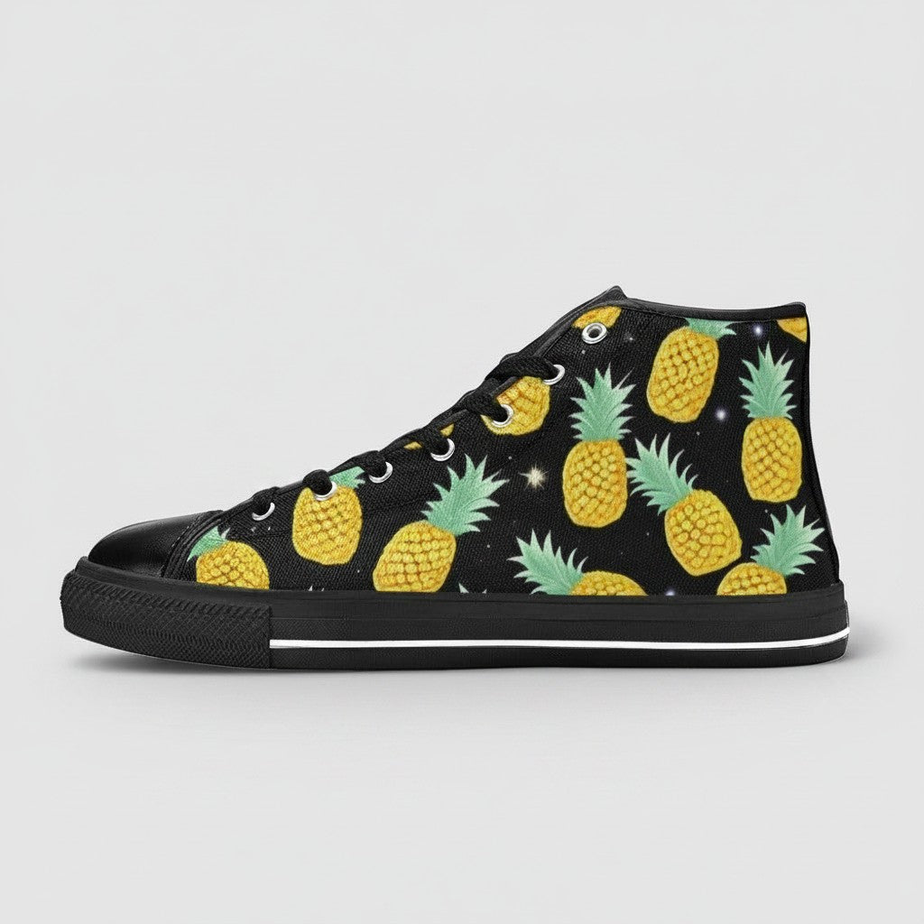 Freaky Shoes® women's high-top canvas sneakers featuring a black background with a vibrant yellow pineapple pattern.