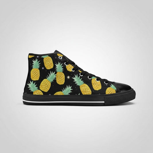 Freaky Shoes® men's high-top canvas sneakers featuring a black background with a vibrant yellow pineapple print.