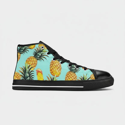 Freaky Shoes® women's high-top canvas sneakers featuring a vibrant pineapple print on a light blue background.