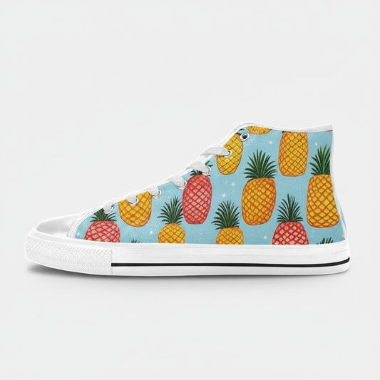 Freaky Shoes® women's high-top canvas sneakers featuring a vibrant pineapple print on a light blue background.