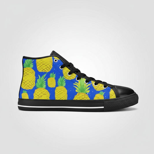 Freaky Shoes® women's high-top canvas sneakers featuring a vibrant yellow pineapple print on a blue background.