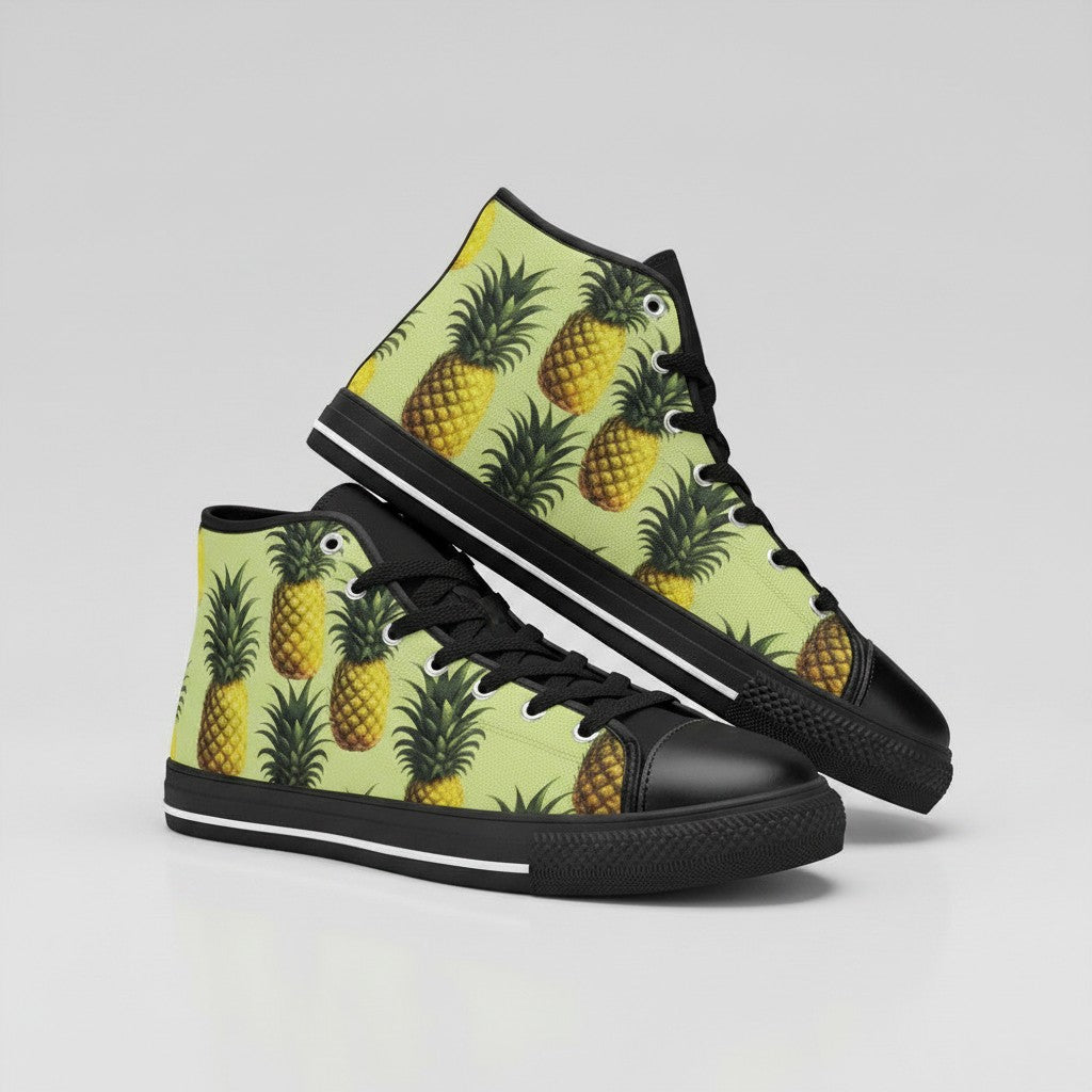 Freaky Shoes® men's high-top canvas sneakers featuring a vibrant yellow and green pineapple pattern with black trim.