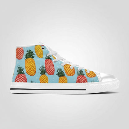 Freaky Shoes® high-top canvas sneakers featuring a vibrant blue background with a repeating yellow pineapple pattern.