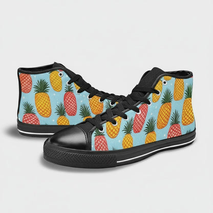 Freaky Shoes® high-top canvas sneakers featuring a light blue background with a vibrant pineapple print pattern.