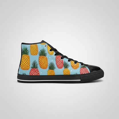 Freaky Shoes® men's high-top canvas sneakers featuring a vibrant pineapple print on a light blue background.