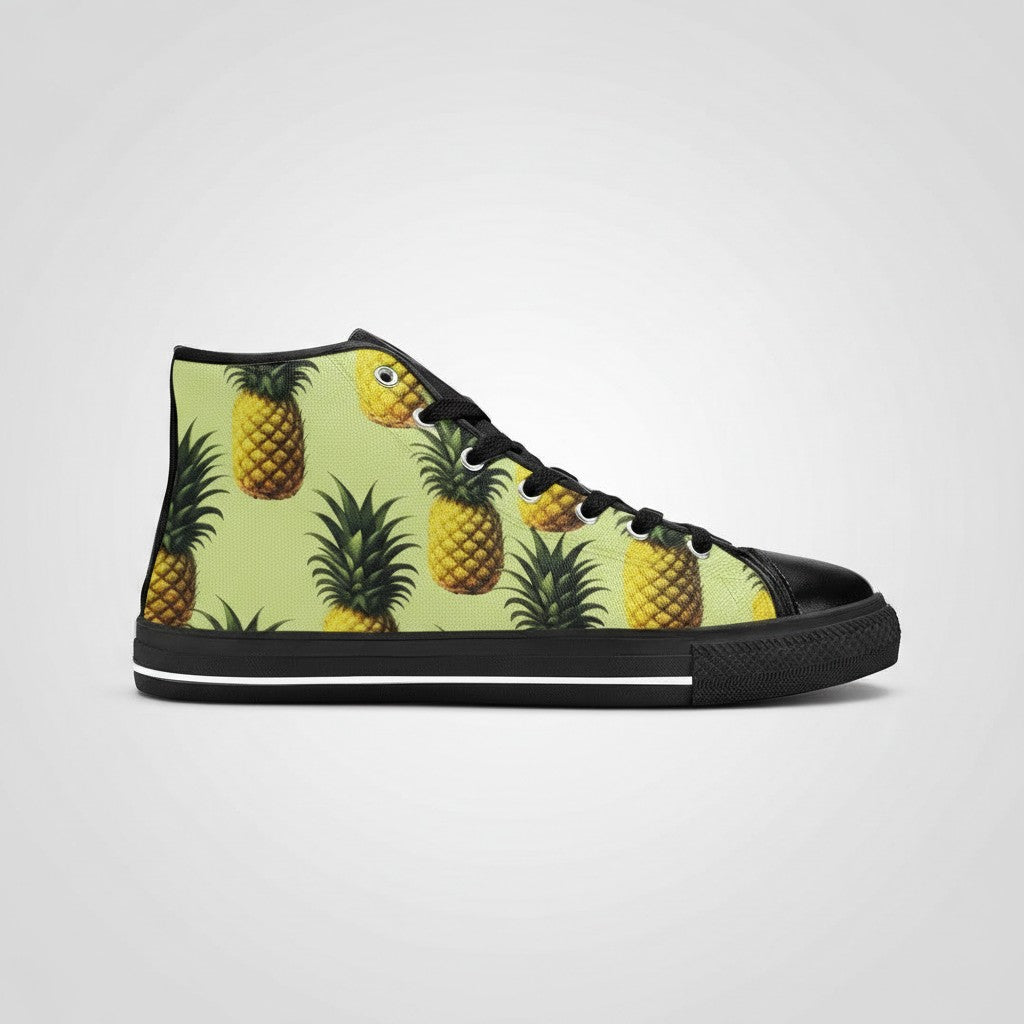 Freaky Shoes® women's high-top canvas sneakers featuring a vibrant yellow and green pineapple print pattern