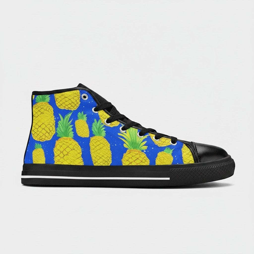 Freaky Shoes® men's high-top canvas sneakers featuring a vibrant yellow pineapple pattern on a blue background.