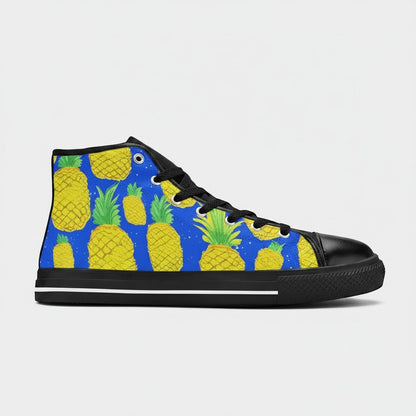 Freaky Shoes® men's high-top canvas sneakers featuring a vibrant yellow pineapple pattern on a blue background.