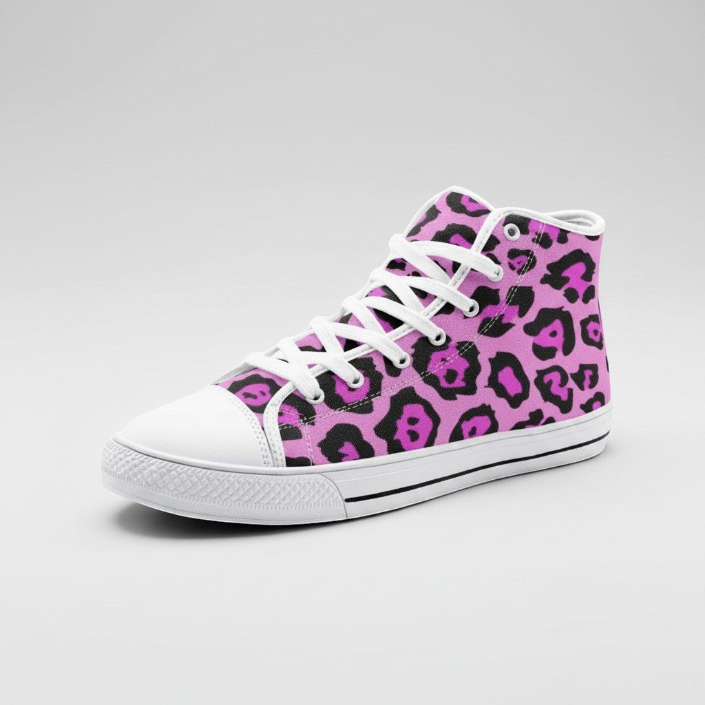 Freaky Shoes® high-top canvas sneakers featuring a bold pink and black animal print pattern with white laces.