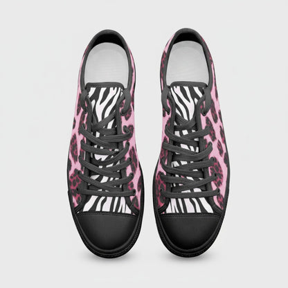 Freaky Shoes® custom low-top canvas sneakers featuring a vibrant pink leopard and black-and-white zebra print pattern.