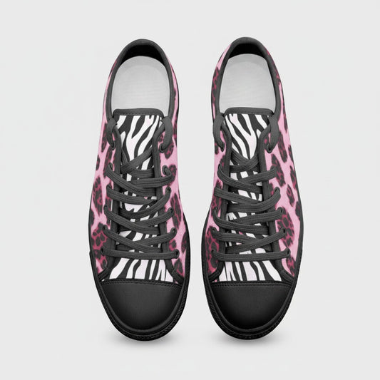 Freaky Shoes® custom low-top canvas sneakers featuring a vibrant pink leopard and black-and-white zebra print pattern.