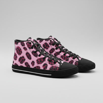 Freaky Shoes® high-top canvas sneakers featuring a vibrant pink and black animal print pattern with black laces.