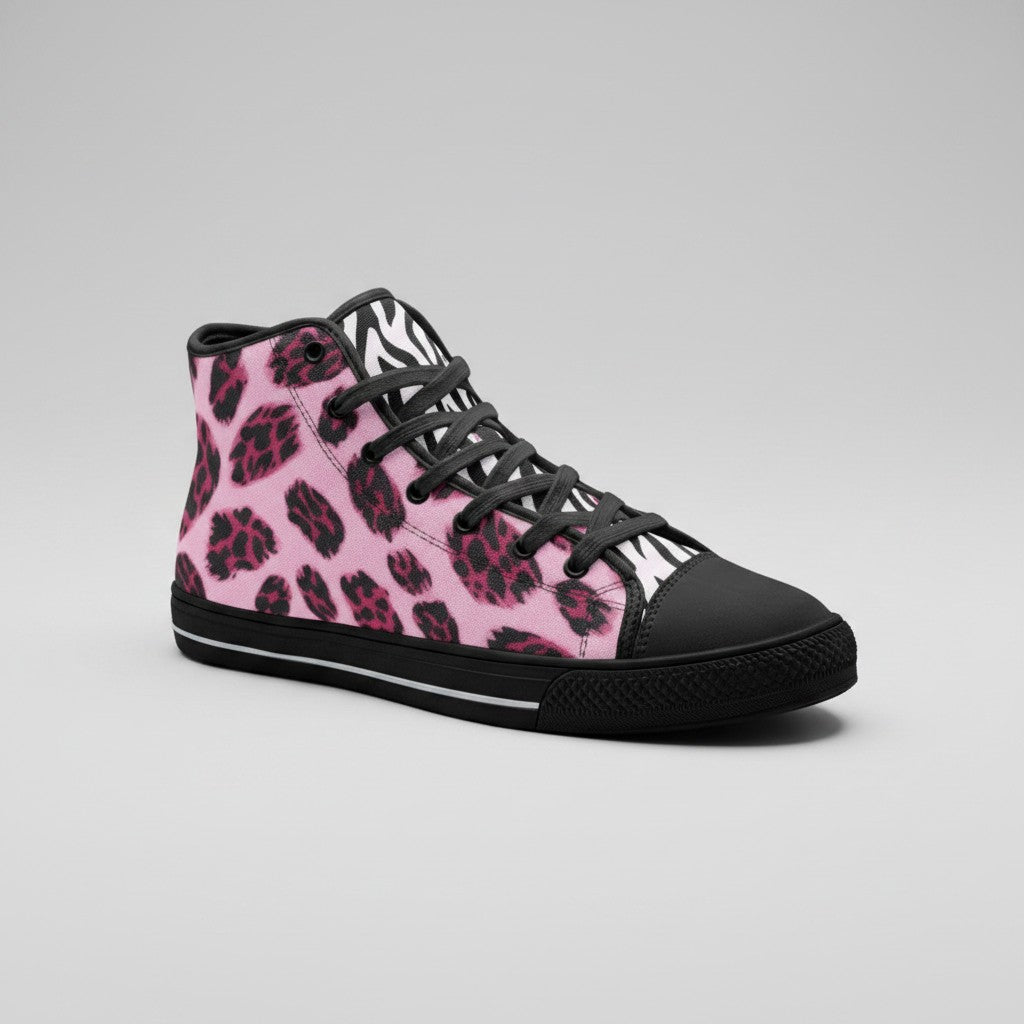 Freaky Shoes® high-top canvas sneakers featuring a vibrant pink leopard and black zebra animal print pattern.