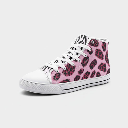 Freaky Shoes® high-top canvas sneakers featuring a pink and black animal print pattern with white laces and toe cap.