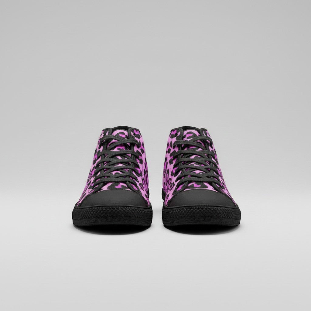 Freaky Shoes® high-top canvas sneakers featuring a bold pink and black animal print pattern with black laces.