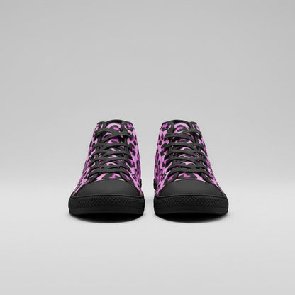 Freaky Shoes® high-top canvas sneakers featuring a bold pink and black animal print pattern with black laces.
