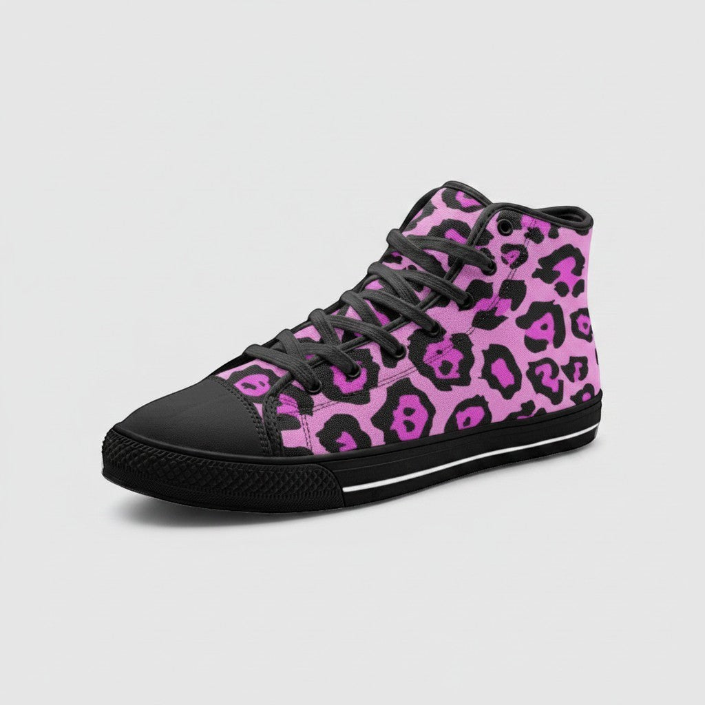 Freaky Shoes® high-top canvas sneakers featuring a bold pink and black animal print pattern with black laces and trim.