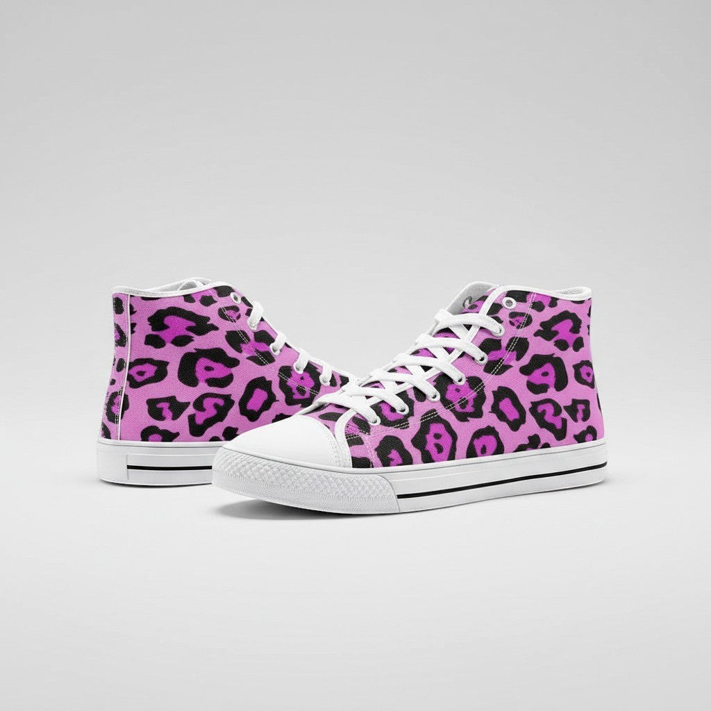 Freaky Shoes® custom high-top canvas sneakers featuring a bold pink and black leopard animal print pattern.